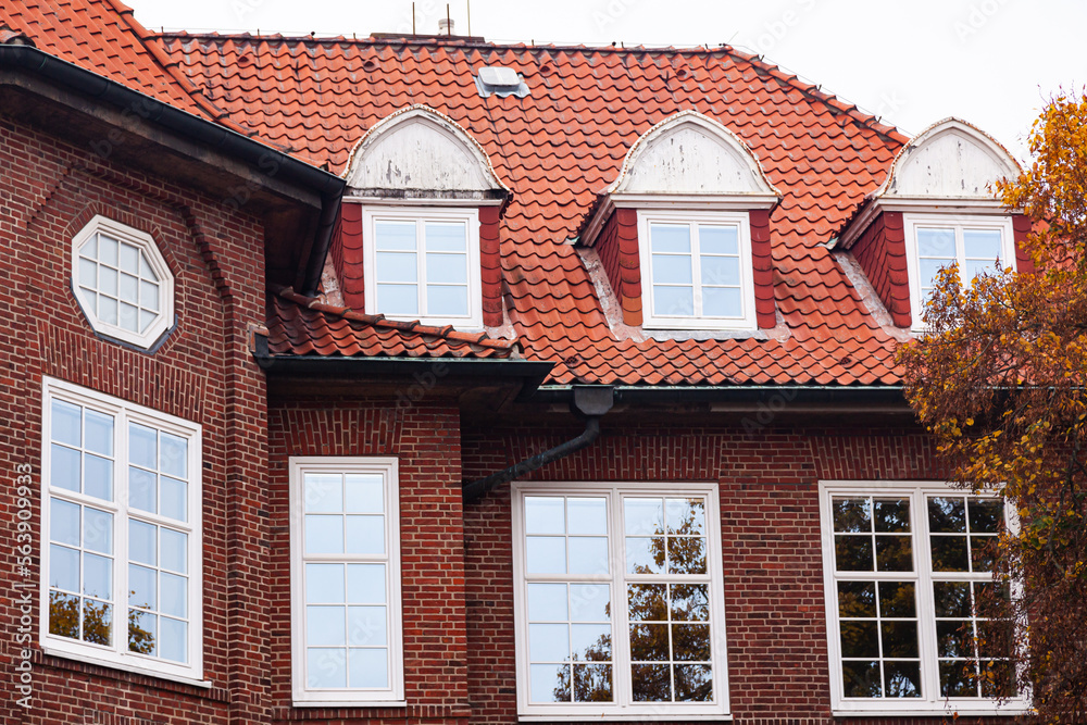 Architecture of Cuxhaven city, Germany. European houses with red tiles.