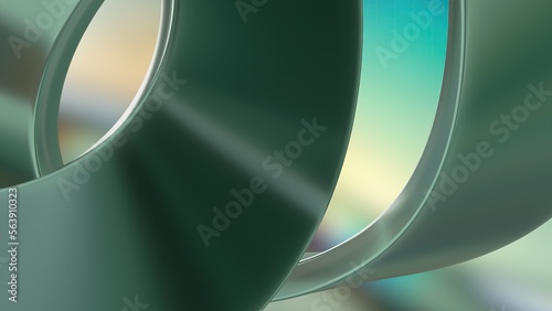 Green intertwined glassy objects in bends Abstract, dramatic, passionate, luxurious and exclusive 3D rendering of graphic design elemental background material.