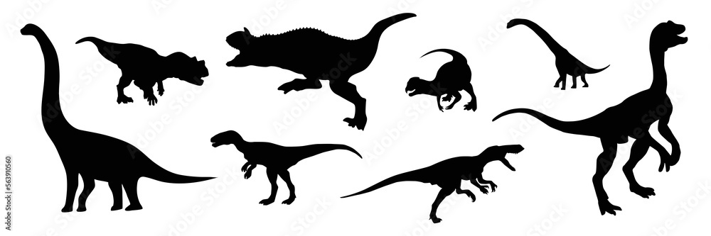 Dinosaurs icons set transparent. Dinosaurs silhouette. Jurassic dino monsters collection.