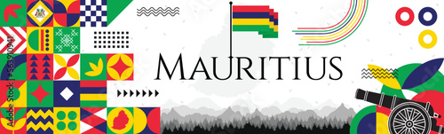 MAURITIUS INDEPENDENCE DAY banner with name and map. Flag color themed Geometric abstract retro modern Design. Red, blue yellow and green color vector illustration template graphic design.