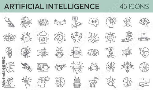 Set of 45 artificial intelligence  robotic  machine learning icons. Editable stroke line collection. Vector illustration