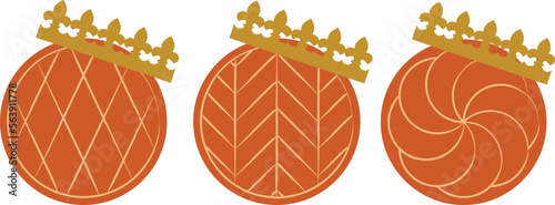 Galette des rois french king cake with crown logo. Vector icons for epiphany day with colors.