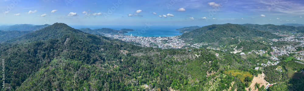 Phuket Thailand patong bay. Panorama landscape nature view from Drone camera. Aerial view of patong city in phuket thailand. Beautiful sea in summer sunny day time