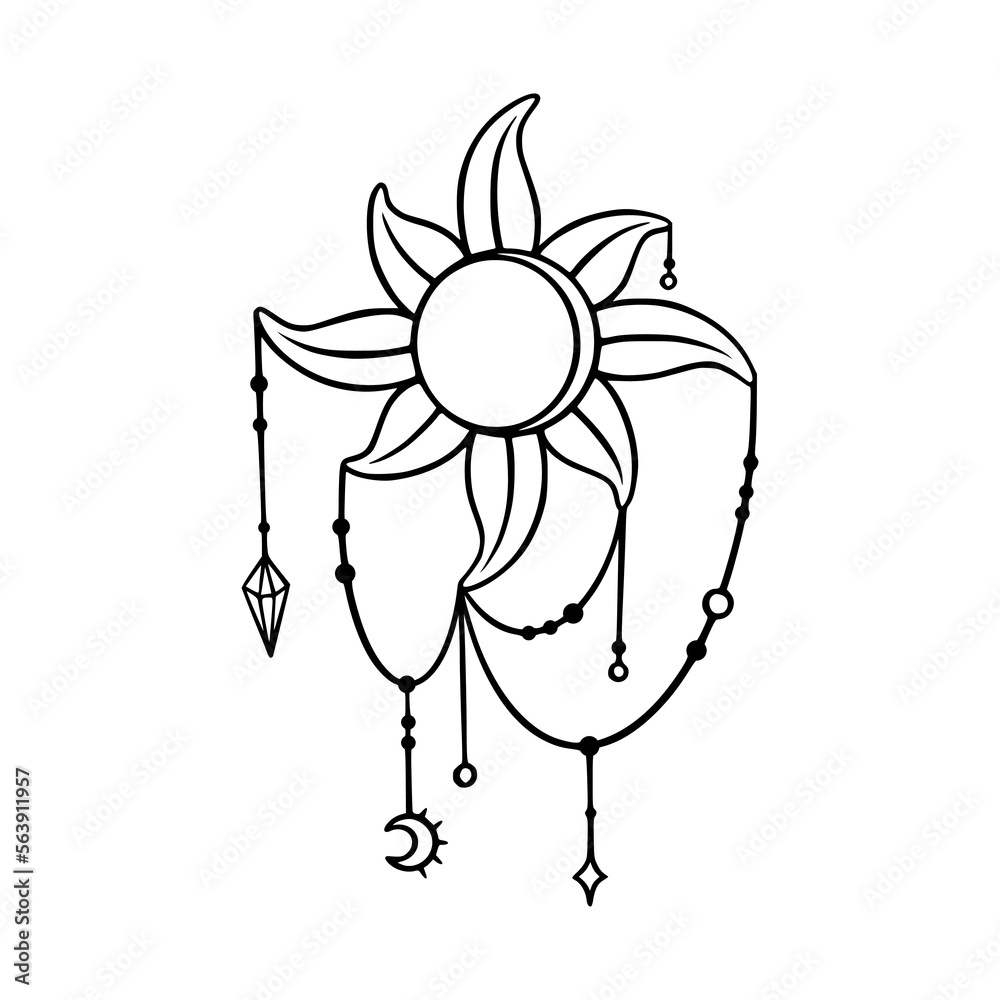 Fototapeta premium Tarot sun sketch. Boho tarot sun element with moon and stars pendants. Vector illustration isolated in white background