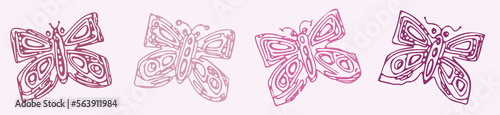 Whimsical butterfly vector icon set. Naive bug border.