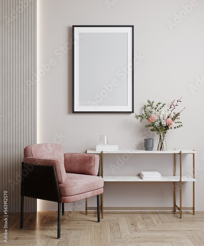 Mockup poster frame in modern interior, beige room with pink chair, decoration and flowers, 3d render