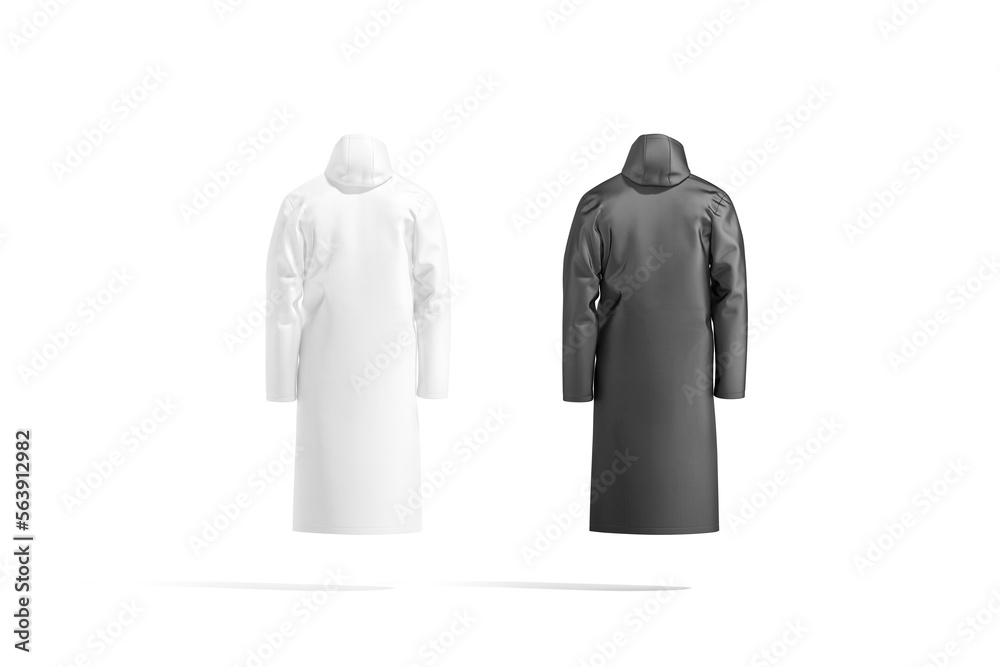 Blank black and white protective raincoat mockup, back view