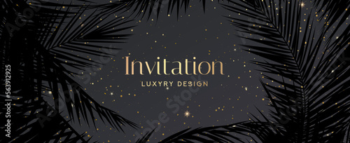 Tropical invitation card with palm leaf pattern (silhouette palm tree leaves). Premium golden vector on white background for wedding invite, Gift card, voucher, gift certificate