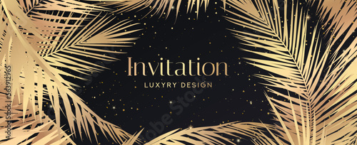 Tropical invitation card with palm leaf pattern (gold palm tree leaves). Premium golden vector on black background for wedding invite, Gift card, voucher, gift certificate