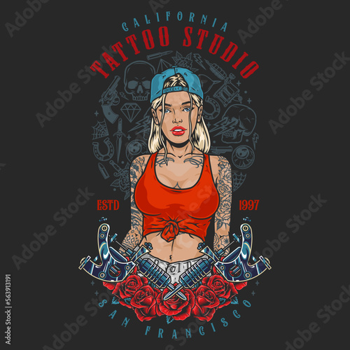 Girl tattoo artist colorful flyer