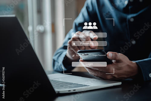 User authentication system with username and password, cybersecurity concept,lobal network security technology, business people protect personal information. 