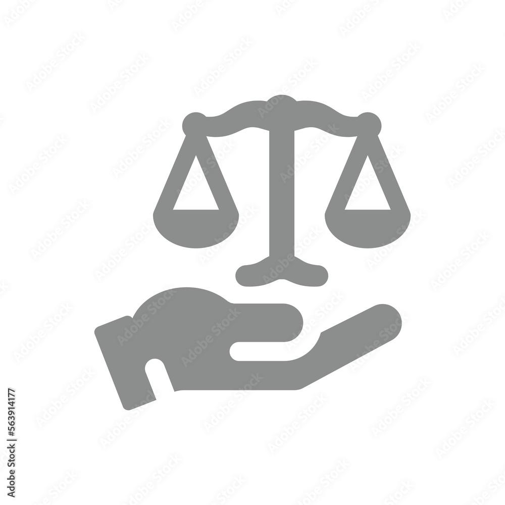 Scales of justice and human hand vector icon. Legal system, law fill symbol. Scales of justice and human hand vector icon. Legal system, law fill symbol.
