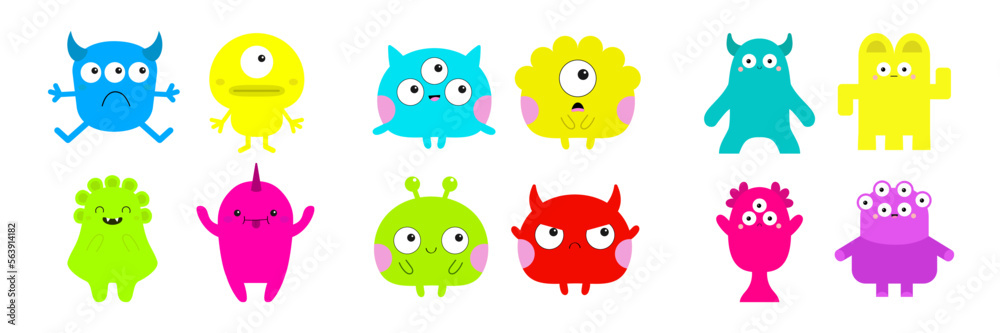 Monster set. Happy Halloween. Cute face head. Colorful monsters. Cartoon kawaii scary funny character. Different emotion. Baby collection. T-shirt design. White background. Flat design. Monster set. Happy Halloween. Cute face head. Colorful monsters. Cartoon kawaii scary funny character. Different emotion. Baby collection. T-shirt design. White background. Flat design.