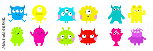 Monster set. Happy Halloween. Cute face head. Colorful monsters. Cartoon kawaii scary funny character. Different emotion. Baby collection. T-shirt design. White background. Flat design.