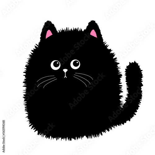Black fluffy cat icon. Face head body, plush tail. Kitten fat. Cute cartoon character. Kawaii baby pet animal. Notebook cover, tshirt, greeting card print. Flat design. White background.