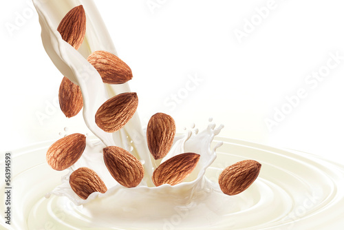 Cuadro en lienzo almond milk splashing on white background