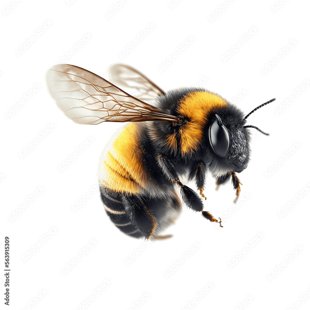 a stunning bumblebee is flying, isolated on transparent background, macro, incredible pollinator, generative AI
 - obrazy, fototapety, plakaty 