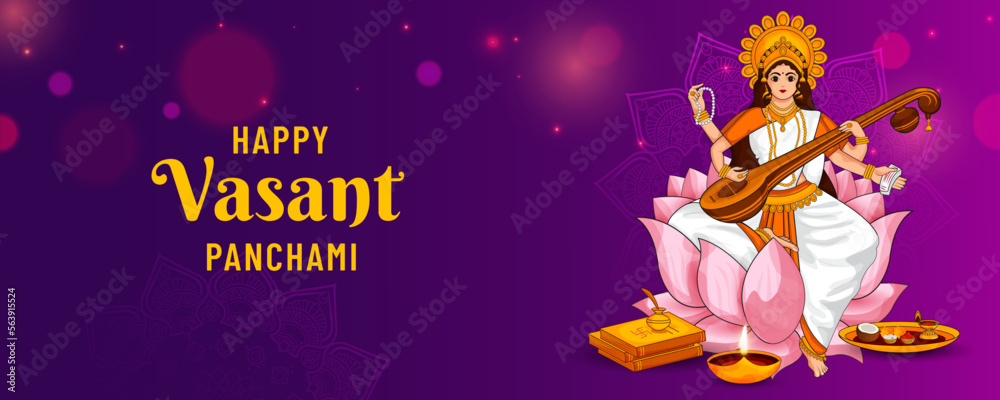 Happy Vasant Panchami. Indian festival celebration purple background and goddess of saraswati. Vector Illustration.