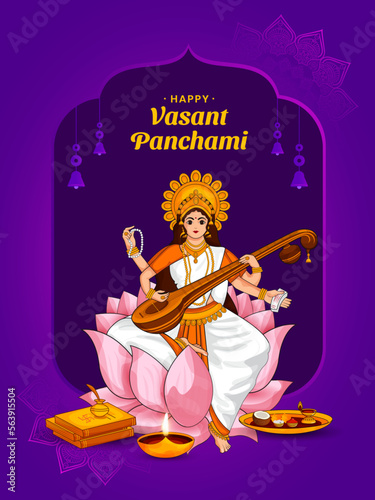 Vector Illustration of goddess of Wisdom Maa Saraswati for Indian festival celebration Vasant Panchami. photo