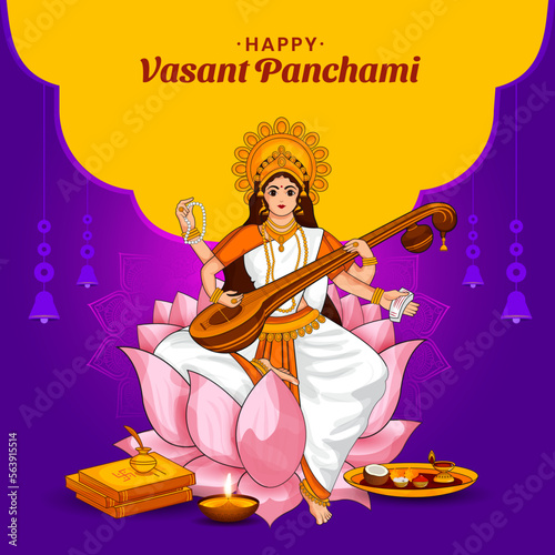 Beautiful traditional Indian festival celebration background and vector illustration of goddess of wisdom saraswati.