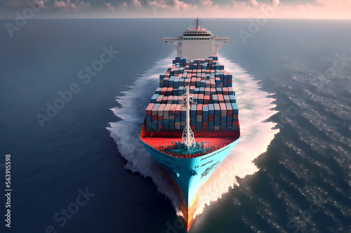 Aerial top view of cargo maritime ship with container in water ocean. Concept export, import logistic shipping. Generation AI