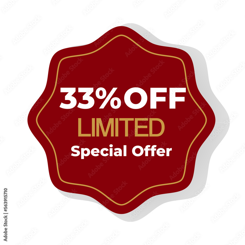 33 % off inscription Special offer golden color Limited with red abstract figure on white background. Vector illustration 33 % off inscription Special offer golden color Limited with red abstract figure on white background. Vector illustration