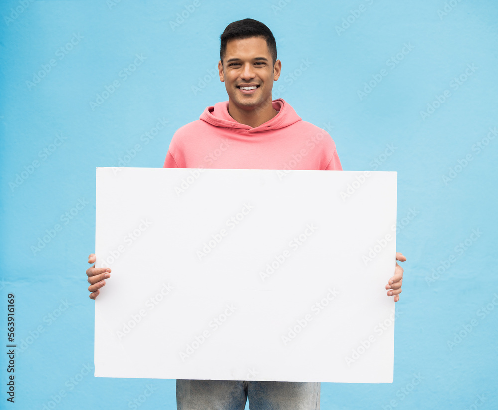 Happy man, portrait or blank mock up on poster branding, fashion advertising billboard or wall background paper. Smile, person or model with mockup banner for style, trendy or cool clothes marketing Happy man, portrait or blank mock up on poster branding, fashion advertising billboard or wall background paper. Smile, person or model with mockup banner for style, trendy or cool clothes marketing
