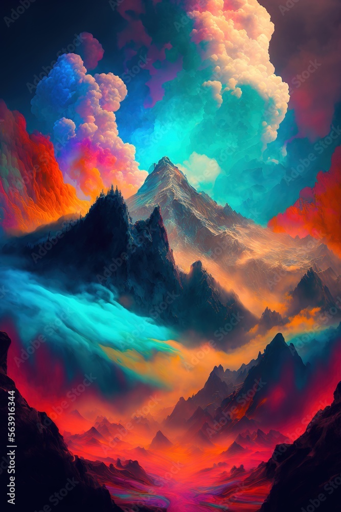 Colorful painting art of an abstract mountain landscape ,made with Generative AI