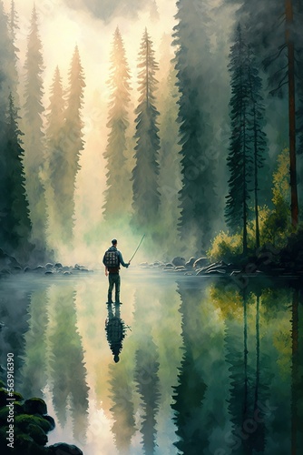 Man fishing in a river forest peaceful fly rod casting catching fish ,made with Generative AI