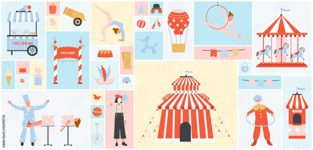 Cartoon clown, chapiteau tent, carousel, acrobat and magician, booth with tickets and ice cream in square collage background. Amusement park, carnival fair. Cute circus set vector illustration. Cartoon clown, chapiteau tent, carousel, acrobat and magician, booth with tickets and ice cream in square collage background. Amusement park, carnival fair. Cute circus set vector illustration.