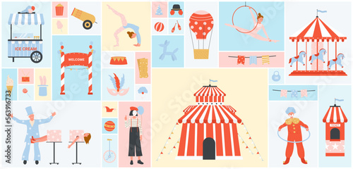 Cartoon clown, chapiteau tent, carousel, acrobat and magician, booth with tickets and ice cream in square collage background. Amusement park, carnival fair. Cute circus set vector illustration.