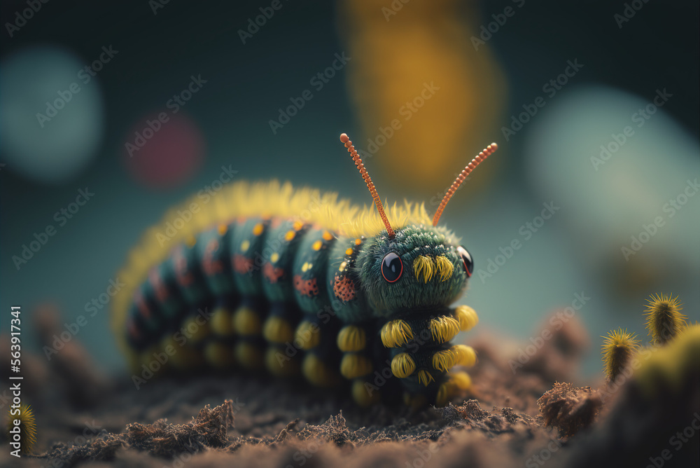 Cute beautiful caterpillar in nature, closeup, macro, generative ai - obrazy, fototapety, plakaty 