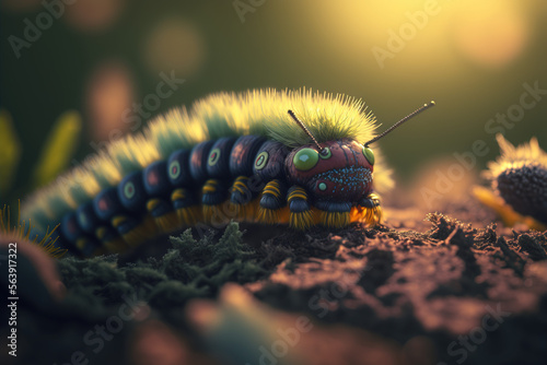 Cute beautiful caterpillar in nature, closeup, macro, generative ai