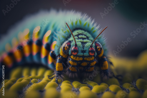 Cute beautiful caterpillar in nature, closeup, macro, generative ai photo