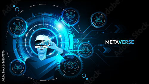 Metaverse digital cyber world technology, Man holding virtual reality glasses and line icon on blue abstract background, vector illustration.