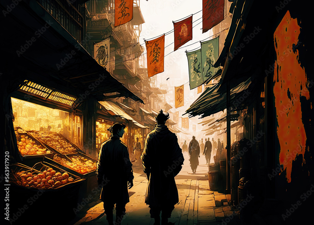 Two Man Walking Through An Asian Market. Generative AI Illustration Two Man Walking Through An Asian Market. Generative AI Illustration