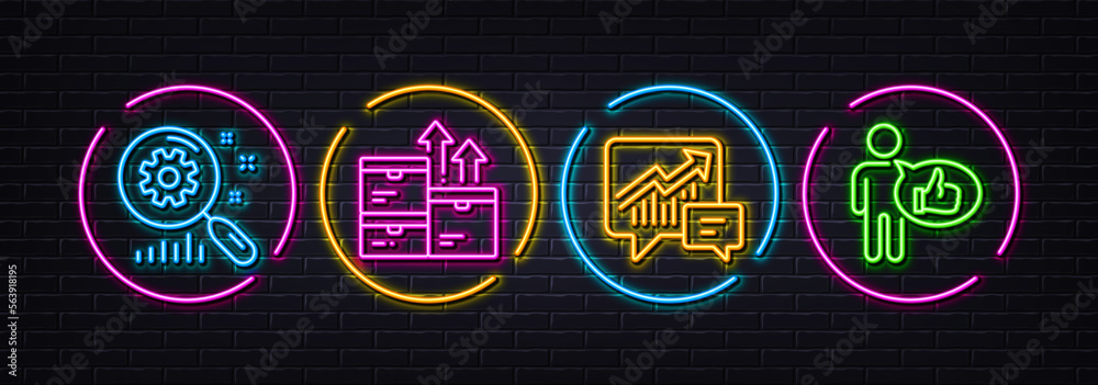 Search statistics, Wholesale goods and Accounting minimal line icons. Neon laser 3d lights. Like icons. For web, application, printing. Analysis, Warehouse inventory, Supply and demand. Vector