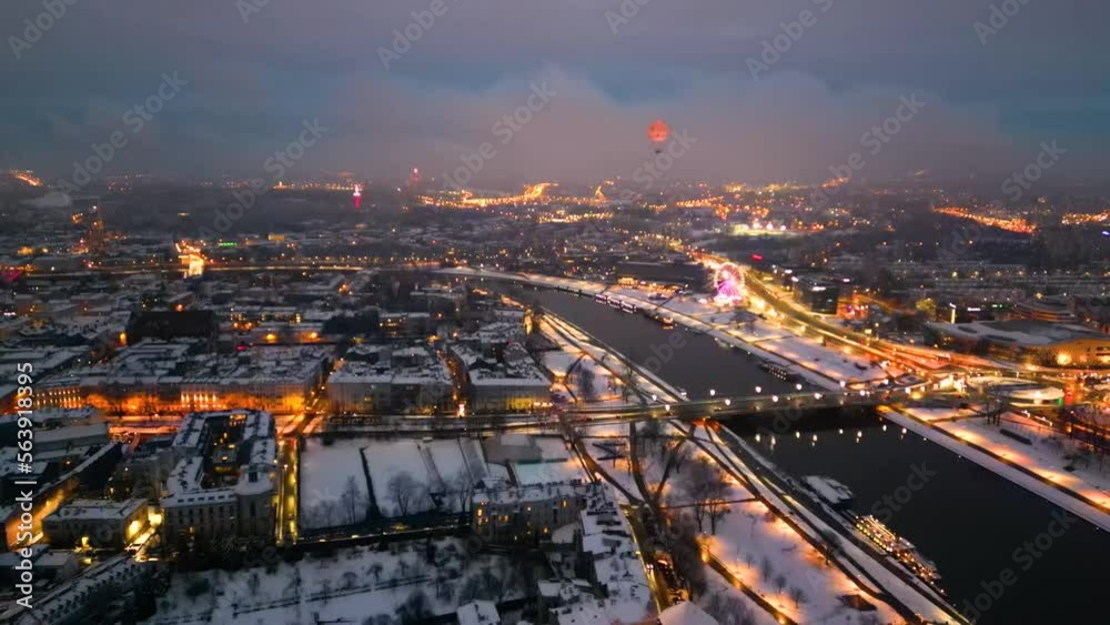 Vistula river and hot air balloon over Krakow in winter, Poland, Europe Vistula river and hot air balloon over Krakow in winter, Poland, Europe
