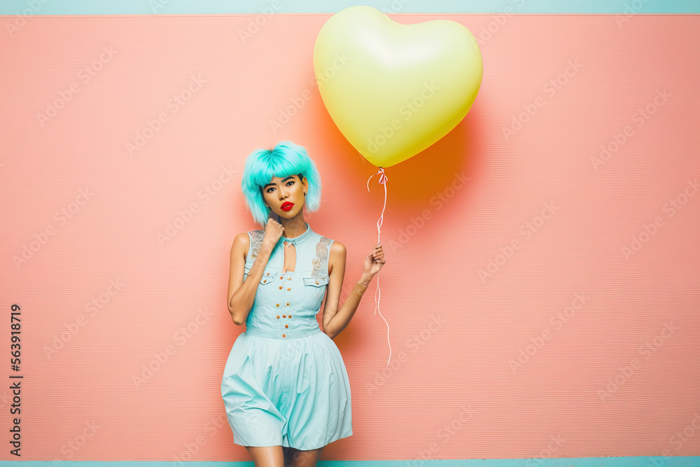 A young beautiful girl who looks like a model in the city center, in front of pastel wall background in a love costume with a huge heart shaped balloon. Illustration. Generative AI. A young beautiful girl who looks like a model in the city center, in front of pastel wall background in a love costume with a huge heart shaped balloon. Illustration. Generative AI.
