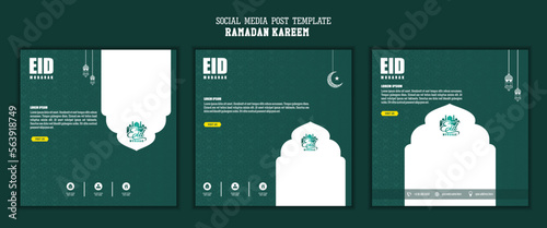 Set of social media post template, square background with green color and simple ornament design for islamic party