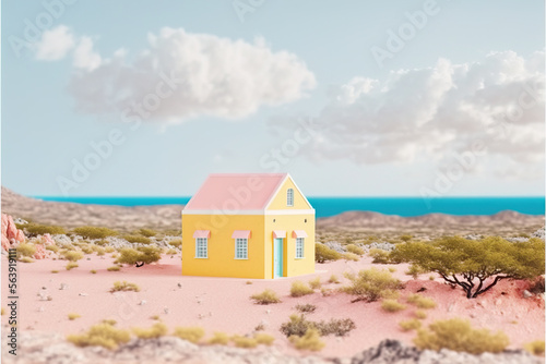 Pastel little, hidden house on the seashore. A nice sunny summer day on vacation, on the sand by the sea. Illustration, Generative AI.