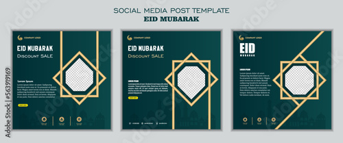 Set of social media post template, square background with white color and simple ornament design for islamic party