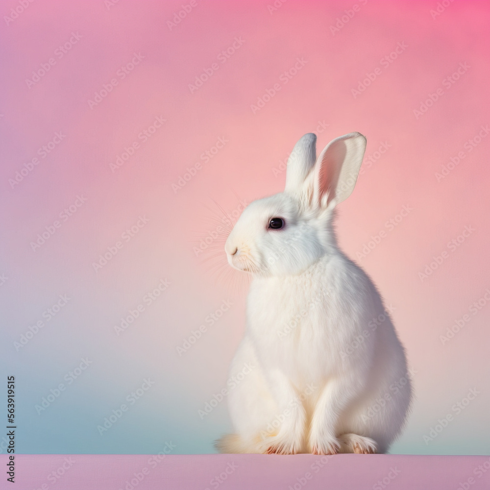 Cute little white Easter bunny on pastel fresh Spring background. Little rabbit. Close up of animal. Illustration. Generative AI.