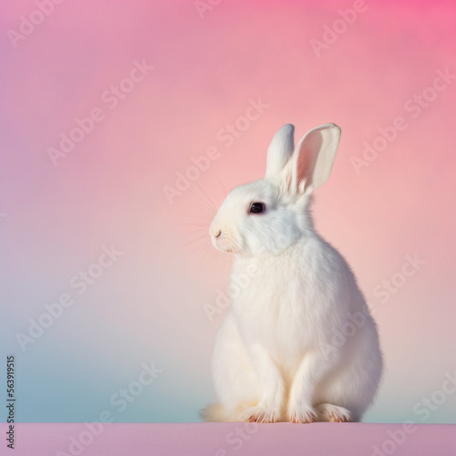 Cute little white Easter bunny on pastel fresh Spring background. Little rabbit. Close up of animal. Illustration. Generative AI. © Uncanny Valley