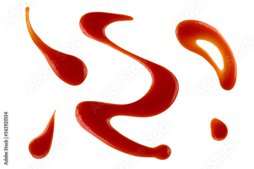 Red drops and splashes of ketchup or sauce isolated on white background. With clipping path. Full depth of field. Focus stacking. PNG photo
