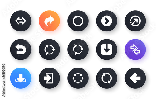 Arrow icons. Download, Synchronize and Share. Navigation classic icon set. Circle web buttons. Vector