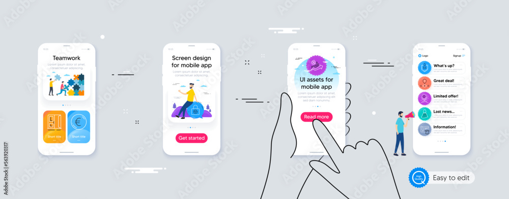 Set of Loan percent, Loyalty points and Open door line icons. Phone ui interface. Include Password encryption, Dress, Ph neutral icons. Euro money, Station, Internet notification web elements. Vector