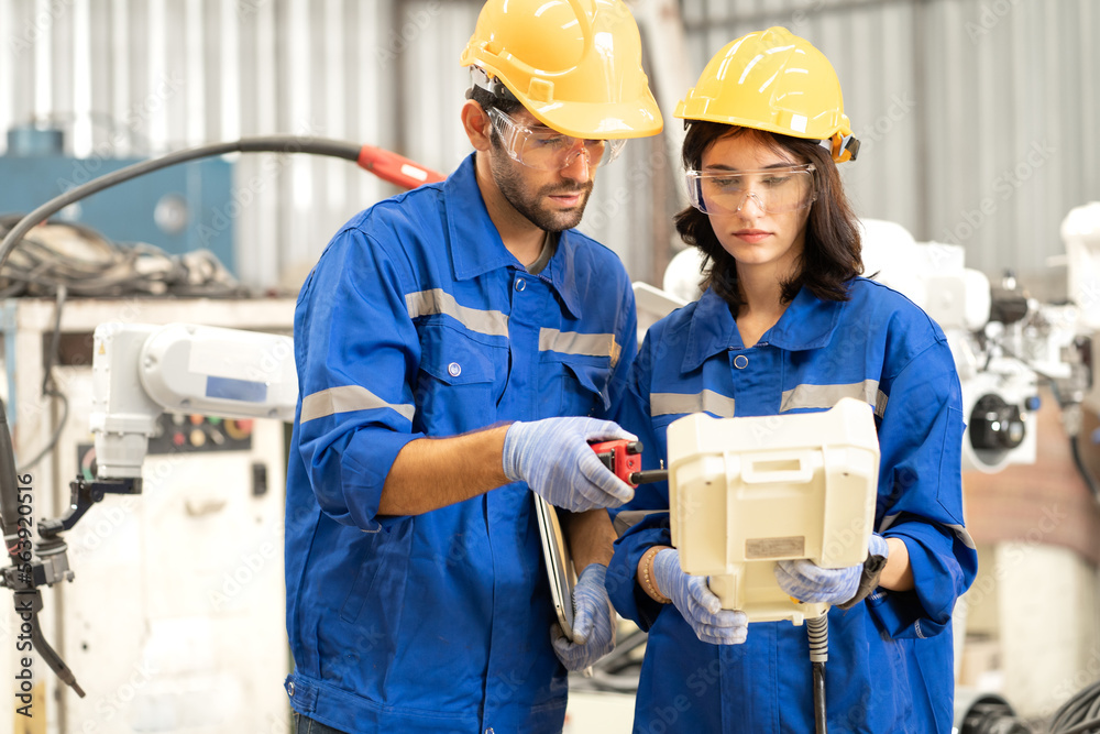 Industrial engineer using remote control board to check robotic welder operation in modern automation factory. Male and female technician monitoring robot controller system for automated steel welding Industrial engineer using remote control board to check robotic welder operation in modern automation factory. Male and female technician monitoring robot controller system for automated steel welding