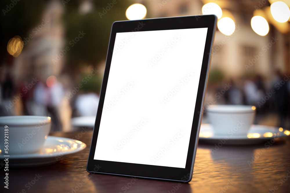 Tablet computer with blank screen on blurred street cafe background. Copy space. Generative AI Tablet computer with blank screen on blurred street cafe background. Copy space. Generative AI