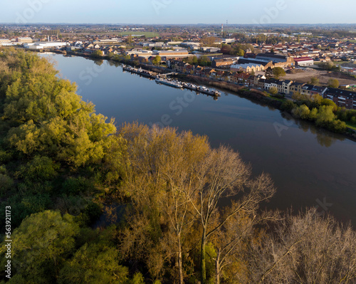 Aerial view of the Scheldt river, in East Flanders, Belgium